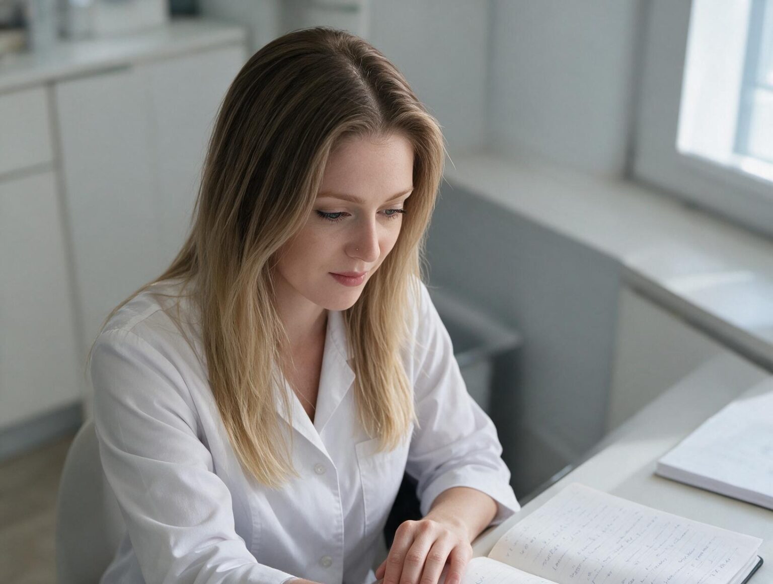 Woman with long blonde hair and a white tunic sits at a bright desk by a window