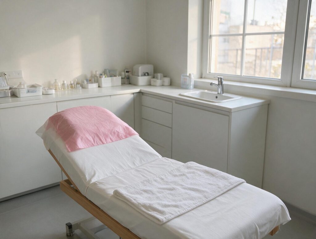 Empty, tidy treatment room with a white couch with towel and pink headrest cover