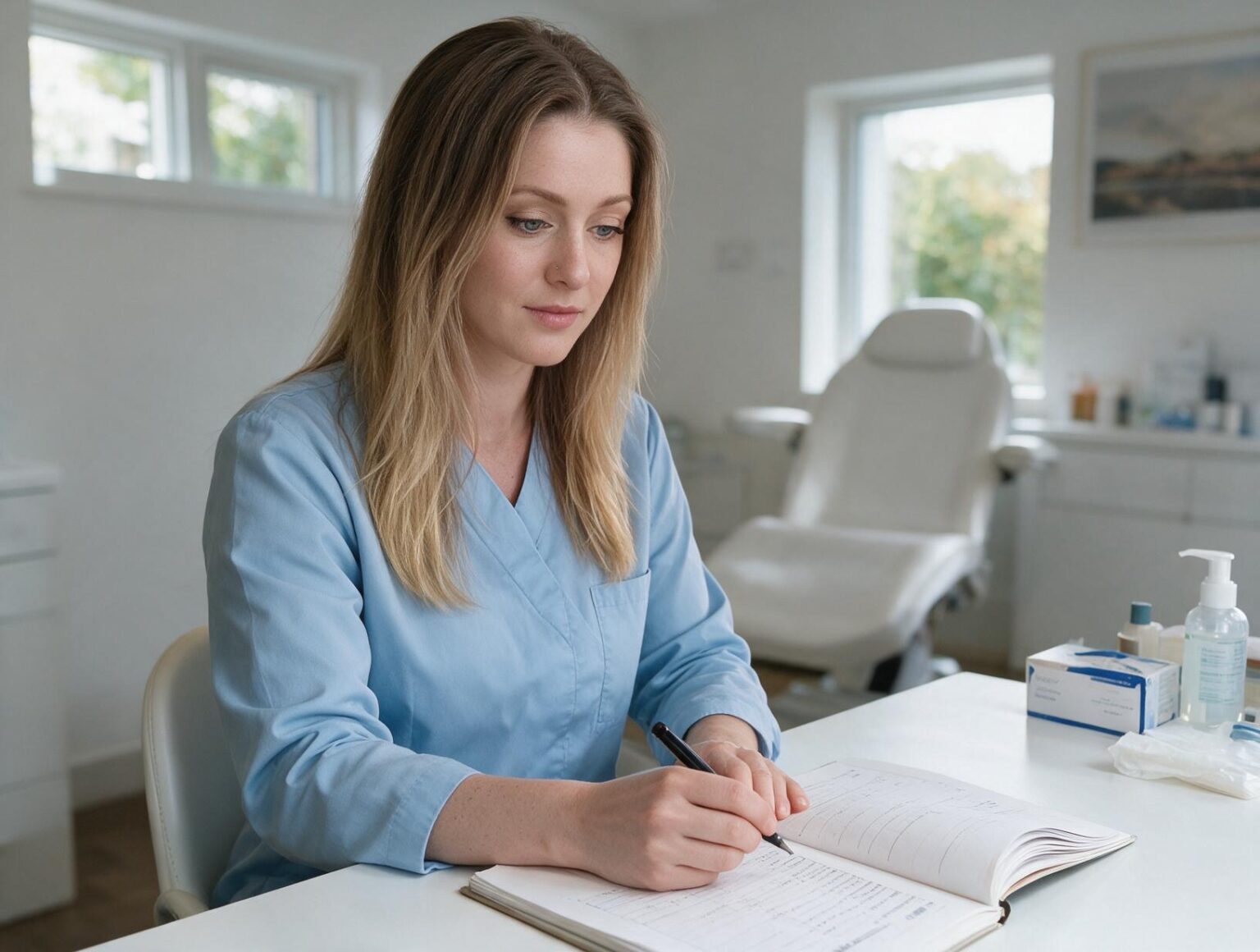 A woman in a light blue tunic writes in an open notebook at a white desk in a bright treatment room with a reclining chair.
