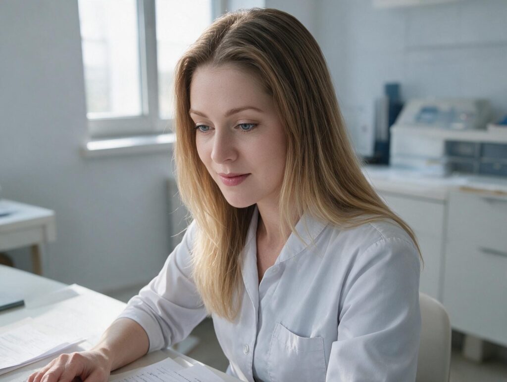 Woman with long blonde hair in a white tunic looks down at papers on a desk in a bright room with a window and cabinets.